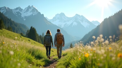 Couple with backpacks hikes scenic mountain trail in the Alps on a sunny day, enjoying fresh air and vista