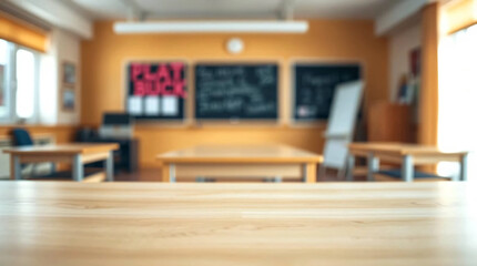 Empty wood table top with blur background of classroom in school.