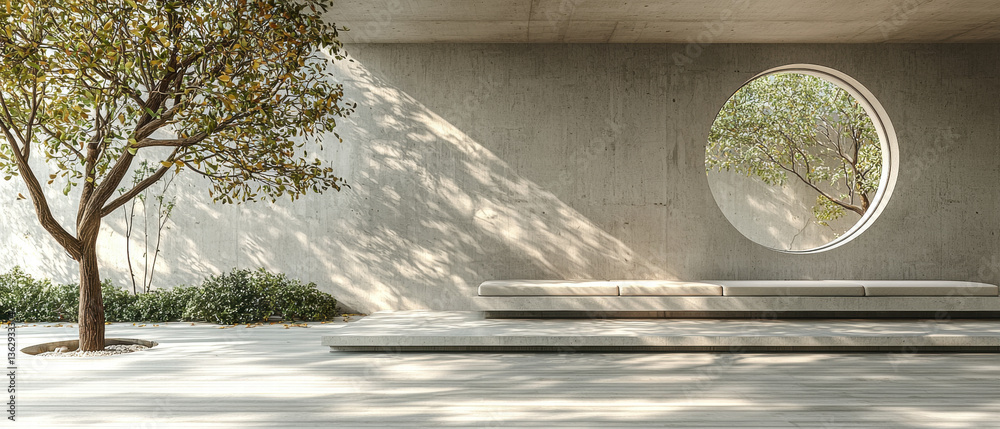 Poster minimalist interior space featuring circular window that frames view nature. concrete walls wooden e