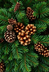 Deep green fir branches and brown pine cones, rustic Christmas background, rustic, craft, wood