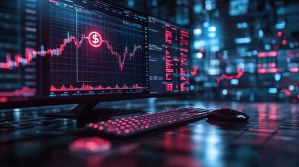 A digital forex trading chart displayed on a computer screen with a dollar coin symbol. 3D rendering.