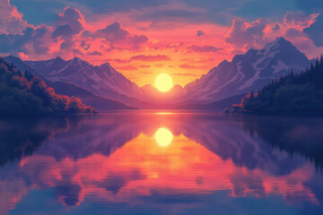 Vibrant sunset over lake, framed by majestic mountains and lush trees.