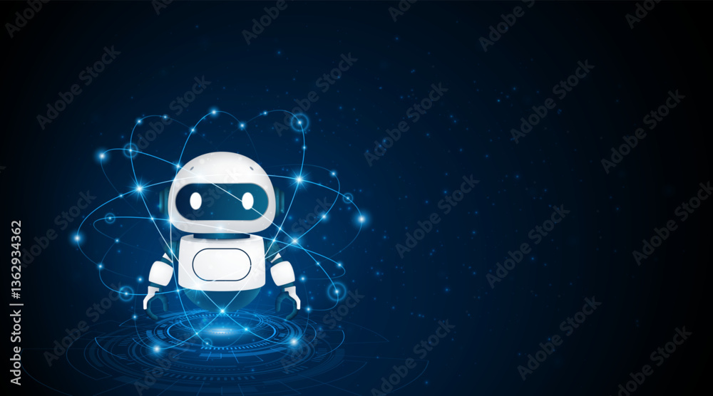 Poster Artificial intelligence robot. Modern technology. Intelligent assistant robot of the future world. Chatbot mascot on a blue background.	