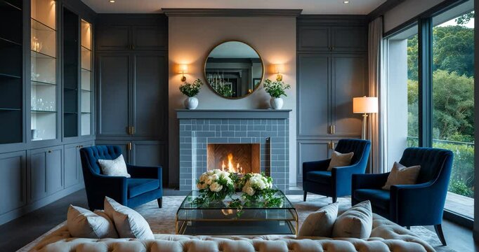 Stylish living room featuring built-in cabinets on either side of a round mirror above a grey tile fireplace, a tufted sofa positioned across from two armchairs, and a window wall that views the lush