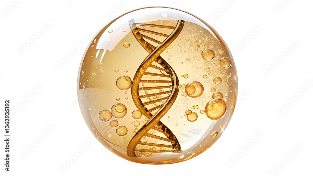 Fototapete 3d rendering of a dna strand intertwined with golden liquid bubbles png file download