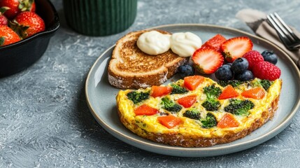 Healthy pregnancy breakfast Concept, Colorful Veggie Frittata Served with Toast and Fresh Berries on a Stylish Plate