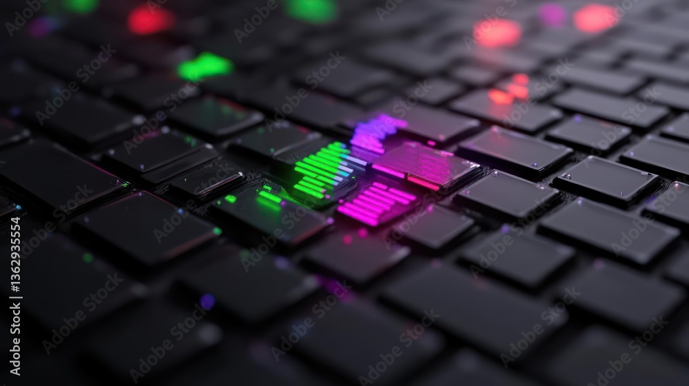Aufkleber glowing neon pixels on dark keyboard