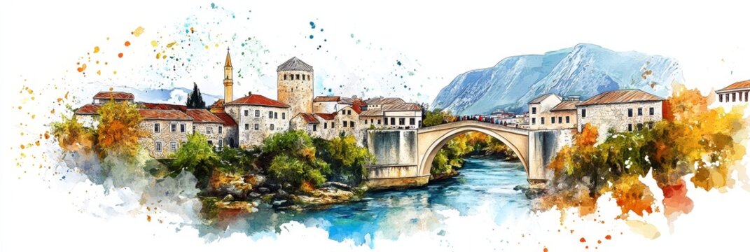 Watercolor Mostar Bridge and Cityscape - A picturesque watercolor painting of Mostar, Bosnia and Herzegovina, showcasing the iconic Stari Most bridge, the Neretva River