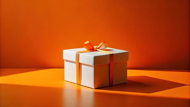 A white gift box with an orange ribbon sits on an orange surface, bathed in sunlight