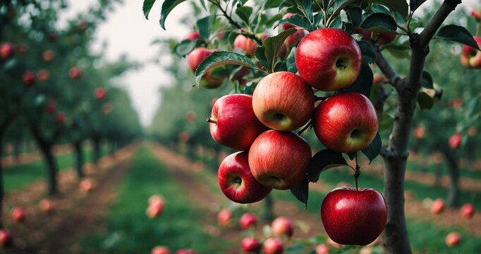 Group of red apples on a tree limb. Lines of apple trees cultivated on a farm. Mature red apples prepared for harvesting.