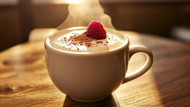 Steaming Latte Art, Cozy Coffee Drink with Raspberry Garnishing