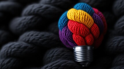 Colorful yarn lightbulb on dark fabric background