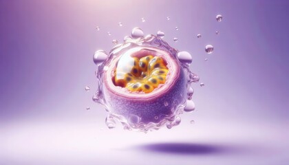 Dynamic splash of passion fruit studio setting high-speed photography colorful background