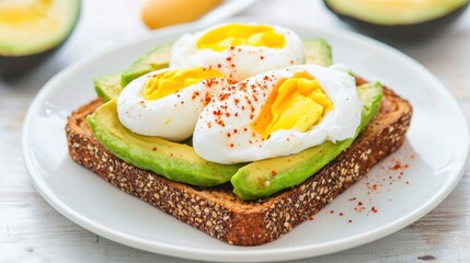 Healthy pregnancy breakfast Concept, Healthy Whole Grain Toast with Creamy Avocado and Soft Boiled Eggs for Nutritious Breakfast