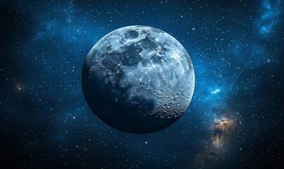 A mesmerizing view of a celestial body, bathed in shades of blue, against a backdrop of twinkling stars and nebulas. The vastness of space is awe-inspiring.
