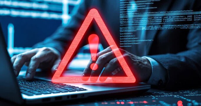 Businessman or programmer using a laptop with a triangle caution warning symbol, coding, cryptography, hacking, crime, virus, for error notification and maintenance ideas.