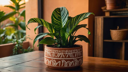 Calathea Ornata Sanderiana sitting on a wooden table in a terracotta pot