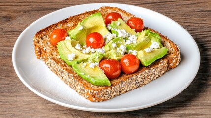 Healthy pregnancy breakfast Concept, Healthy Whole Grain Toast Topped with Smashed Avocado and Cherry Tomatoes on a White Plate