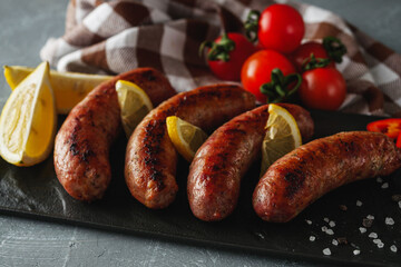 Grilled pork sausages. The dish is ready for restaurant serving.