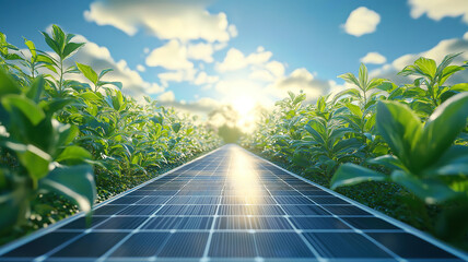 Fototapeta premium Green energy concept with solar panels and leaves emphasizing eco-friendly power generation