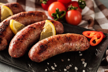 Grilled pork sausages. The dish is ready for restaurant serving.