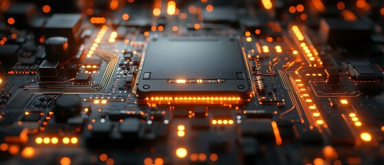 Illuminated Circuit Board Showing Central Processing Unit and Electronic Components