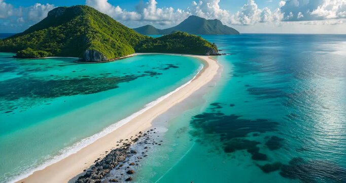 Stunning drone aerial perspective of lagoon, coral reef, and island.