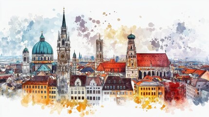 Watercolor Munich Skyline Panorama - Charming watercolor painting of Munich's cityscape, showcasing iconic architecture, vibrant colors, and a picturesque skyline. Evokes feelings of travel, history