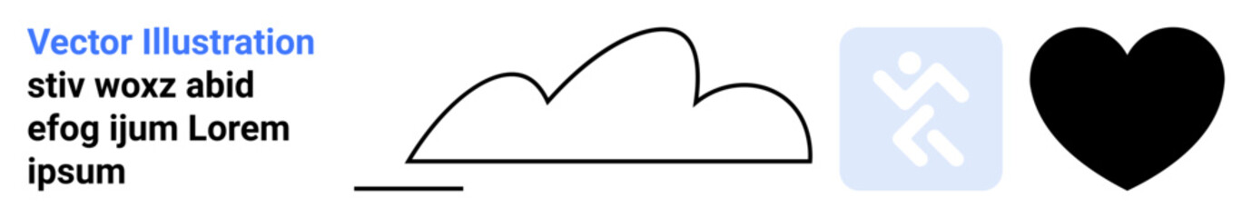 Cloud contour, black heart, and running figure icon in light blue square. Ideal for wellness, fitness, sustainability, health, love, lifestyle simple landing page