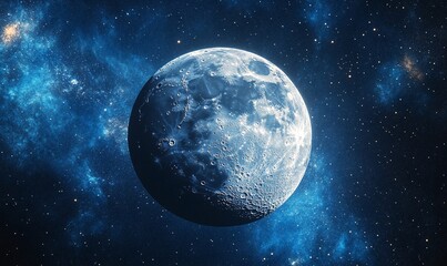 Fototapeta premium A mesmerizing view of a celestial body, bathed in shades of blue against a starry backdrop. The craters and textures of the surface are strikingly visible.