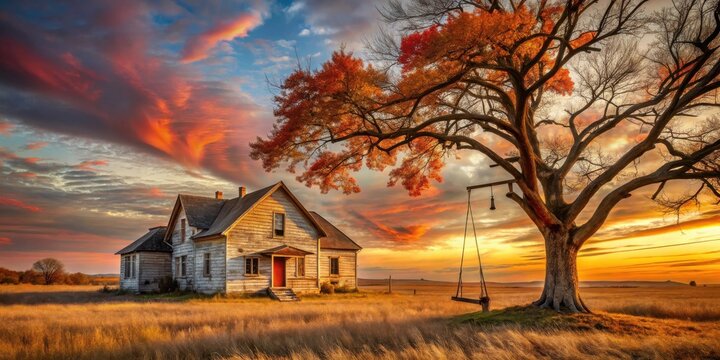 Rustic farmhouse stands serene amidst autumnal foliage at sunset, a swing hanging gently from an ancient tree.