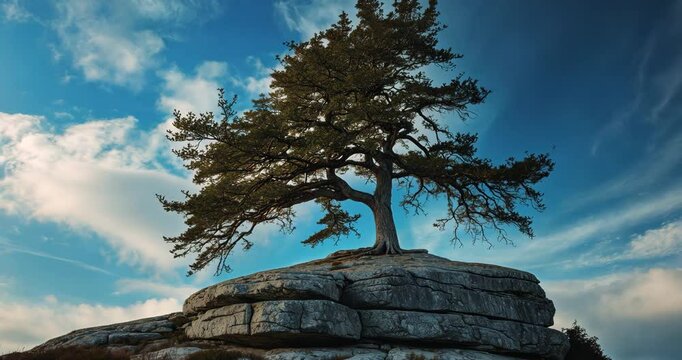 Cedar tree atop a rock set against a backdrop of fluffy clouds in a blue sky.