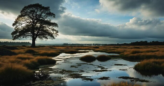 Stunning heathland scenery featuring beautiful cloudy skies and a vibrant landscape.