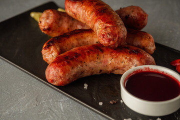 Grilled pork sausages. The dish is ready for restaurant serving.