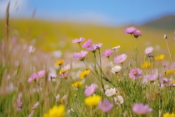 Watercolor Pink and Yellow Wildflowers Meadow - Serene meadow, pink and yellow wildflowers, sunny day, nature's beauty, vibrant colors. Symbolizing peace, joy, growth, renewal, and hope