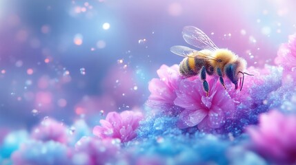 Delicate bee on a cluster of vibrant flowers.  A beautiful, dreamy image of a bee pollinating in a soft, pastel color palette