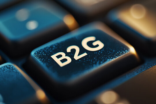 Close-up of dark blue keyboard key with "B2G" lettering, textured surface, showcasing business-to-government concept. Ideal for technology or marketing backgrounds