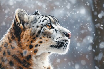 Fototapeta premium Majestic Snow Leopard Gazing Thoughtfully in a Snowy Winter Landscape