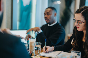 People collaborate in a strategic meeting, sharing ideas and making notes. The atmosphere conveys a sense of teamwork and creativity, fostering effective communication and innovative problem-solving.