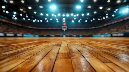 Empty Basketball Court with Hardwood Floor and Bright Lights Overhead