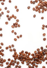 Scattered coffee beans on pristine white background, macro, coffee beans
