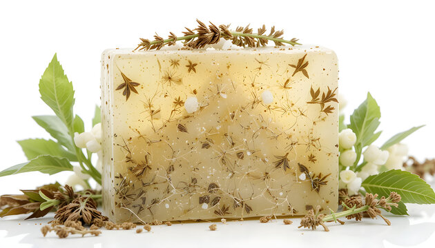 Transparent PNG available
A handmade soap bar, produced using organic herbal plants, is photographed in isolation on a white