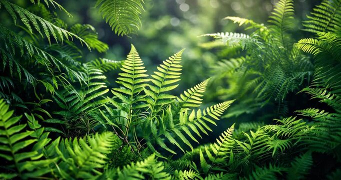 Beautiful green foliage of fern leaves creating a natural floral background illuminated by sunlight.