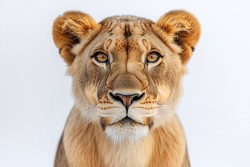 Fototapeta premium Close-up portrait of a young lioness against a bright white background. Her intense gaze and tawny fur are striking.