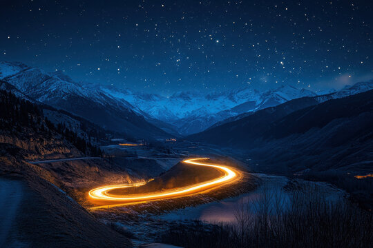 Long exposure: winding road through majestic mountains, creating light trails from passing cars.