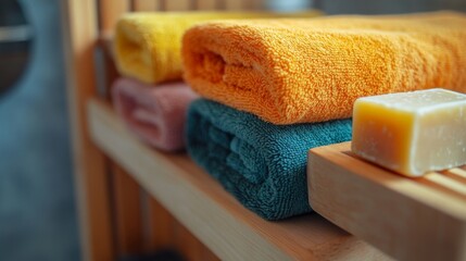 A vibrant collection of rolled towels adds color to a serene bathroom setting. The natural elements enhance relaxation and comfort. Perfect for spa lovers. Generative AI