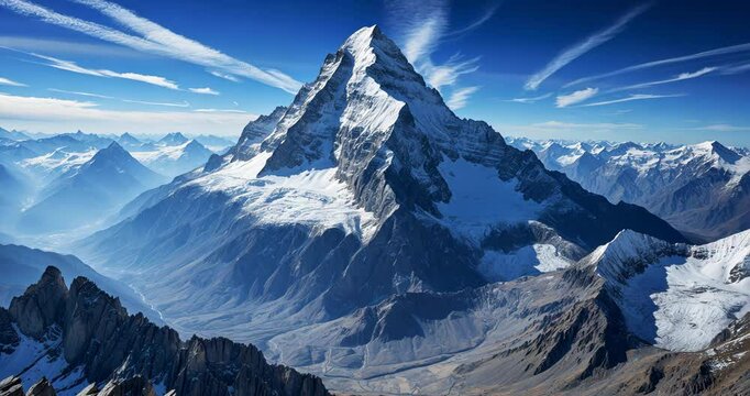 An exceptional perspective of a mountain's summit, captured during a flightseeing adventure over rough peaks. Clear blue skies and untouched snow emphasize the secluded allure of this grand mountain.