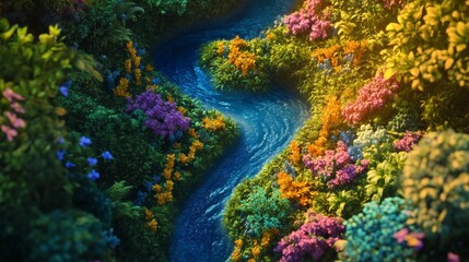 A serene river flows through a vibrant landscape. Colorful flowers line the banks, creating a picturesque view. Natures beauty is captured in this enchanting scene. Generative AI