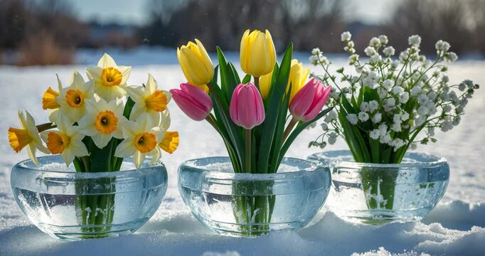 Beautiful floral composition of daffodil, tulip, and gypsophila blooms in ice crystal vases and on the snow. Winter crafting and outdoor decor concept.