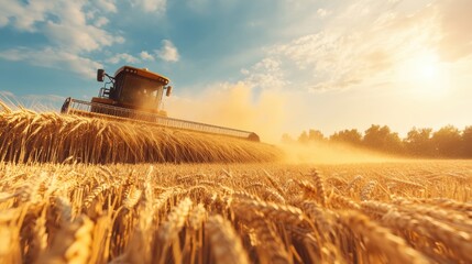 Fototapeta premium A golden wheat field being harvested under a bright blue sky.